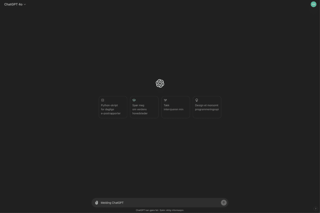 Bilde som viser brukergrensesnitt til ChatGPT på norsk